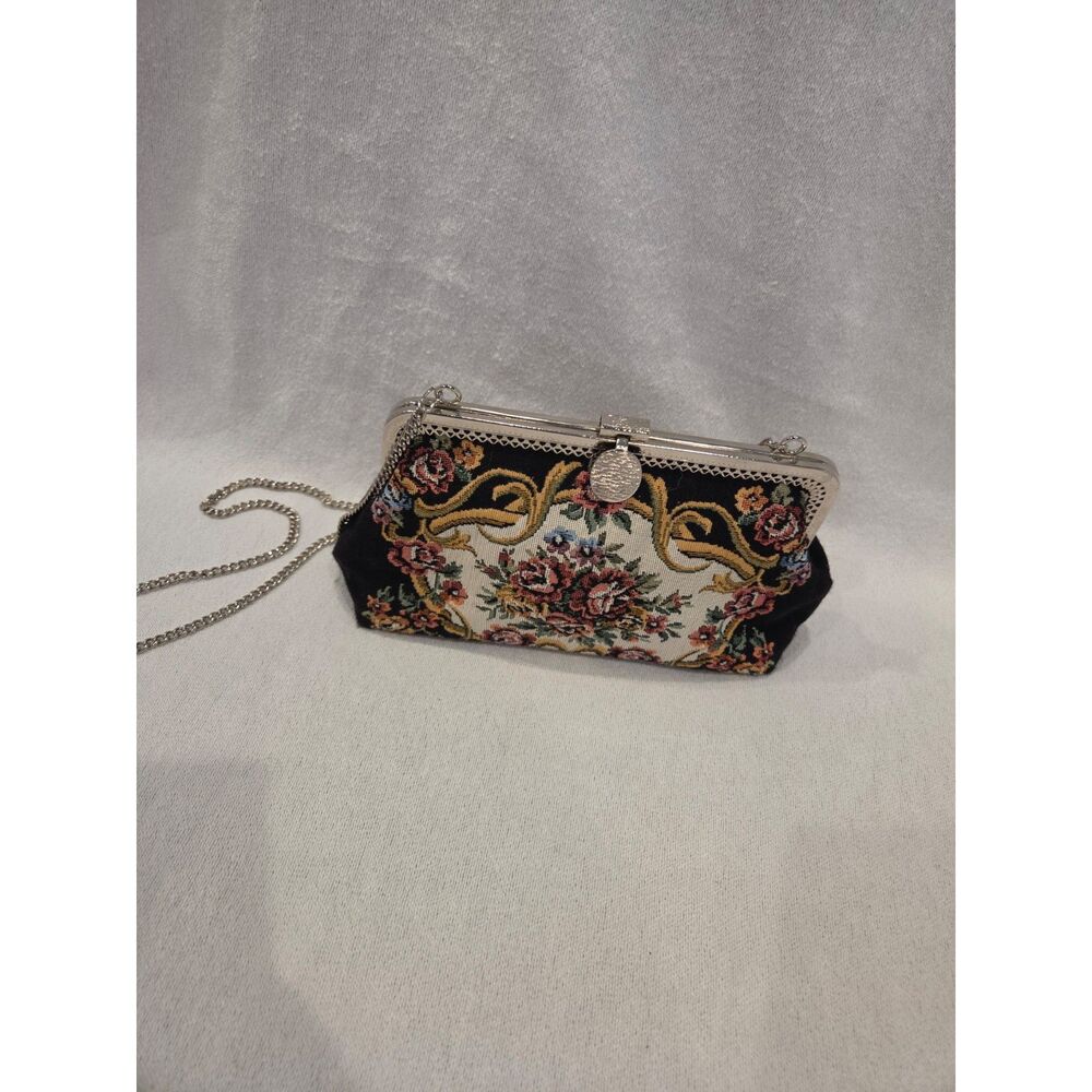 Vintage Floral Tapestry Evening bag Kiss Lock Clutch Purse Chain Coquette